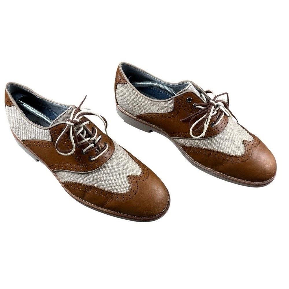 JOHNSTON & MURPHY Mens 9.5M Saddle Oxford Brown Tan Leather Canvas Shoes Sheep S
